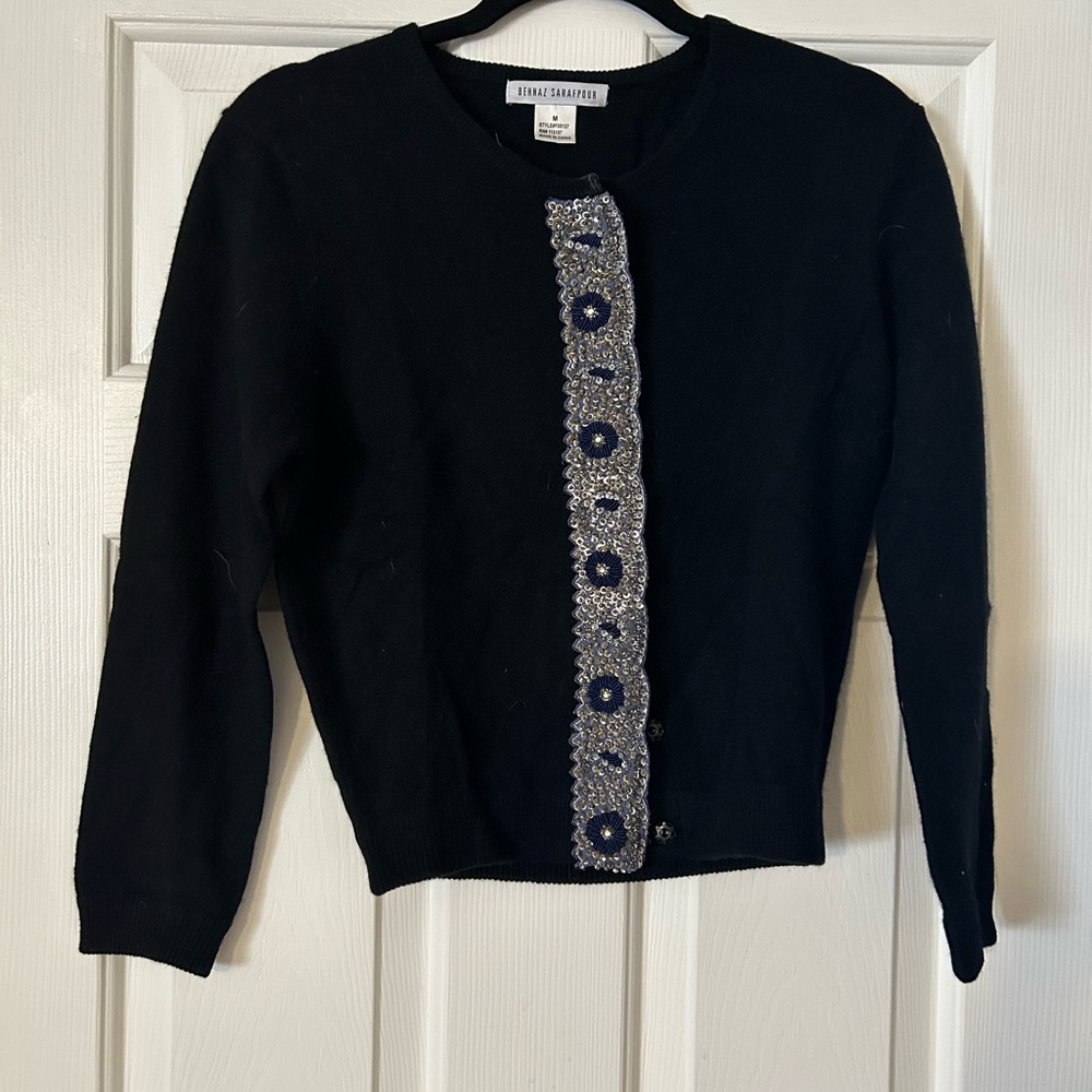 Behnaz Sarafpour Women’s Black Cardigan Long Sleeve Floral Silver Design (#062)